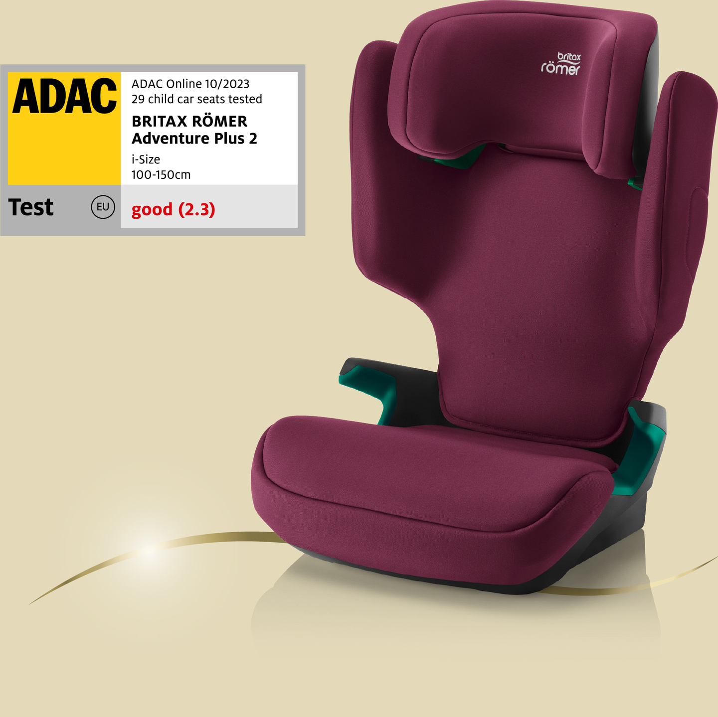 Britax R&ouml;mer ADVENTURE PLUS 2 high-back child seat, with ADAC test rating of "GOOD" (2.3).